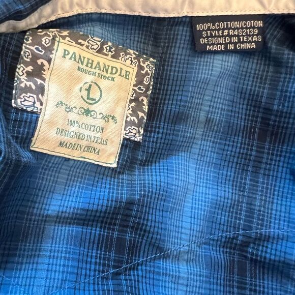 Panhandle Rough Stock Cotton size L Blue Plaid Western Shirt. Pearl snap. - Picture 3 of 12